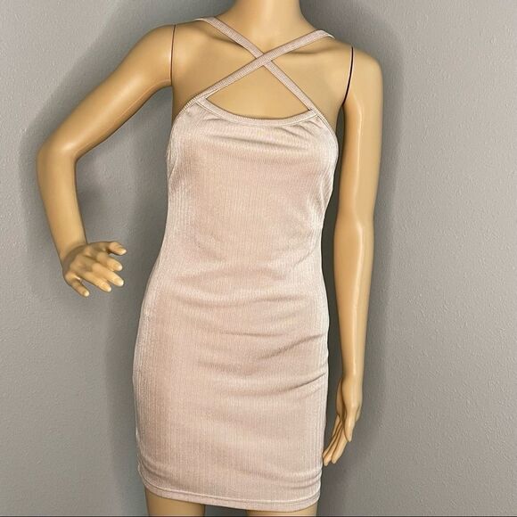 NWT Fiestar Nude Bodycon Mini Dress with CrissCross Straps in Front Size Medium - Picture 3 of 11